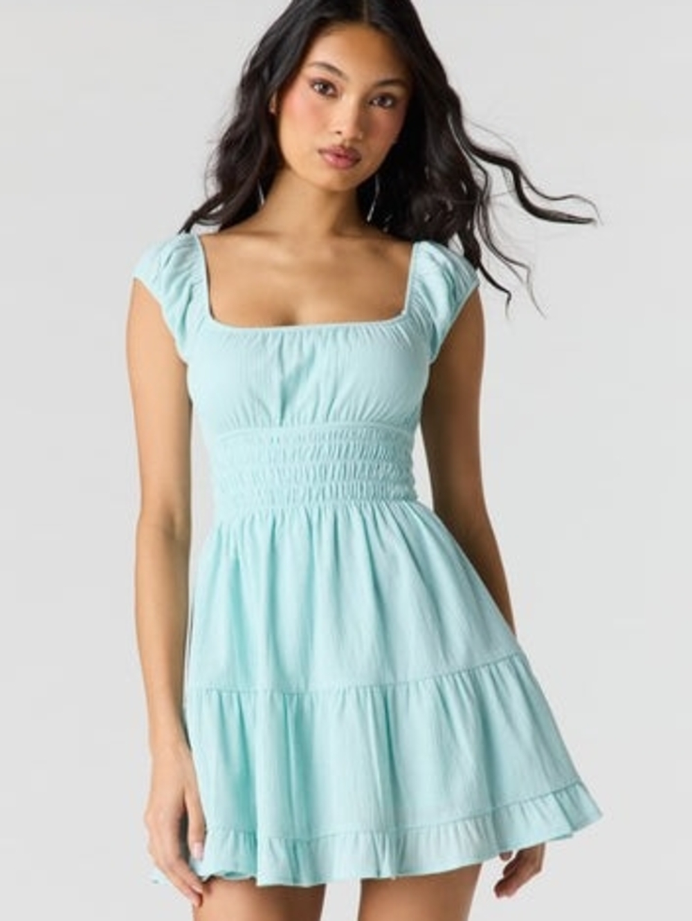 Women's Pastel Blue Square-Neck Smocked Mini Dress